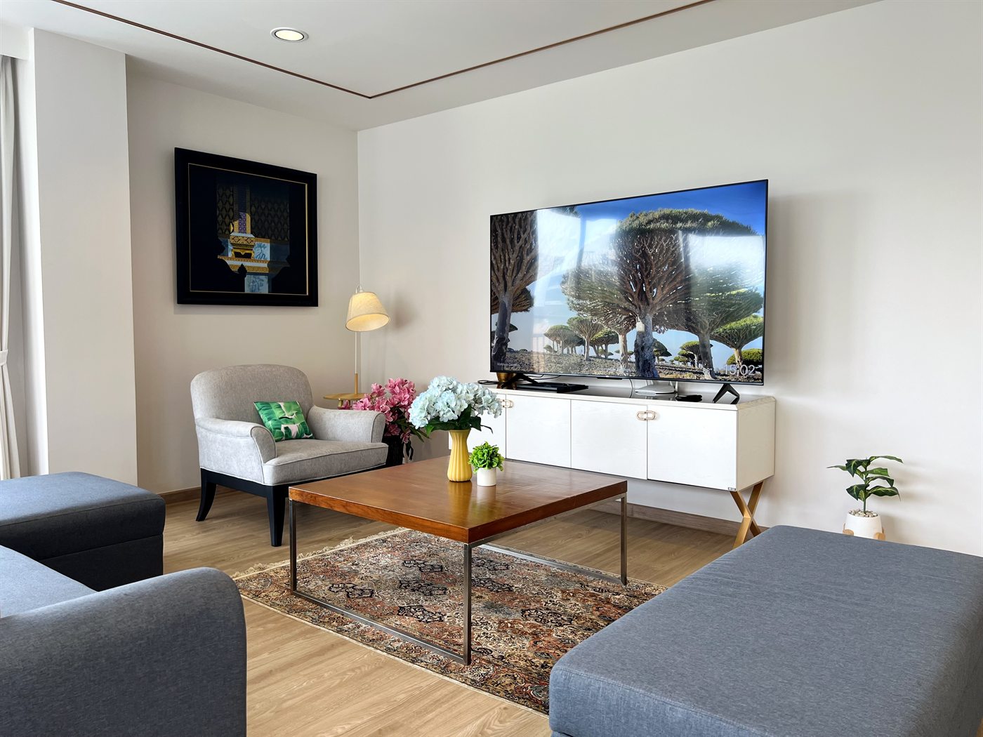 Residence 301 living room with a large smart TV